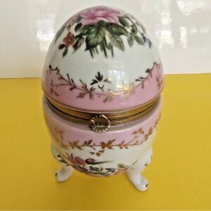 Vintage RS Prussia Footed Floral Porcelain Egg Trinket Jewelry Box RARE